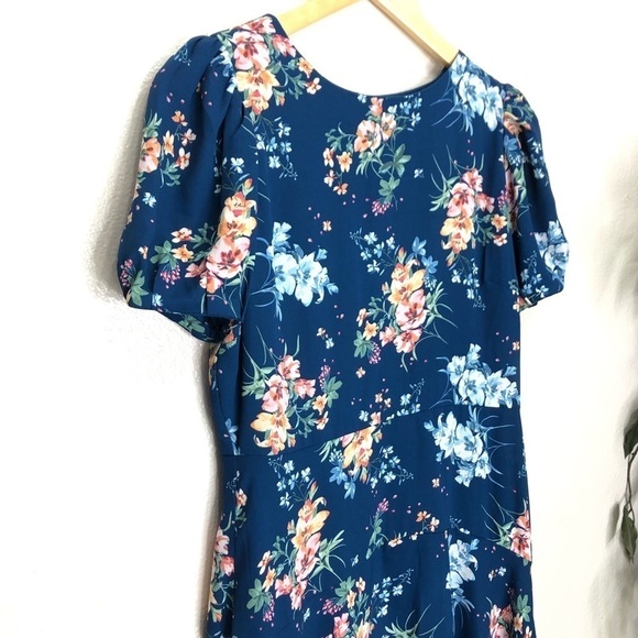Loft Blue Floral Dress W Puffy Sleeves - Picture 2 of 9